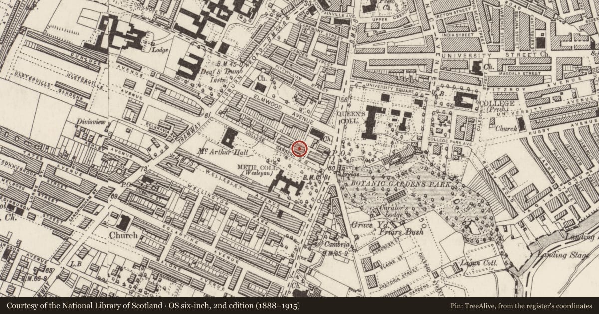 Ordnance Survey six-inch map, 2nd edition (1888–1915) covering the location of 9 College Gardens, Malone Lower, Belfast, with a pin at the register's coordinates