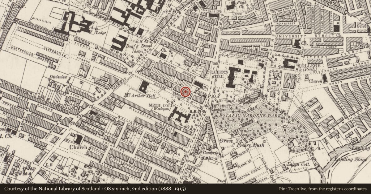 Ordnance Survey six-inch map, 2nd edition (1888–1915) covering the location of 10 College Gardens, Malone Lower, Belfast, with a pin at the register's coordinates