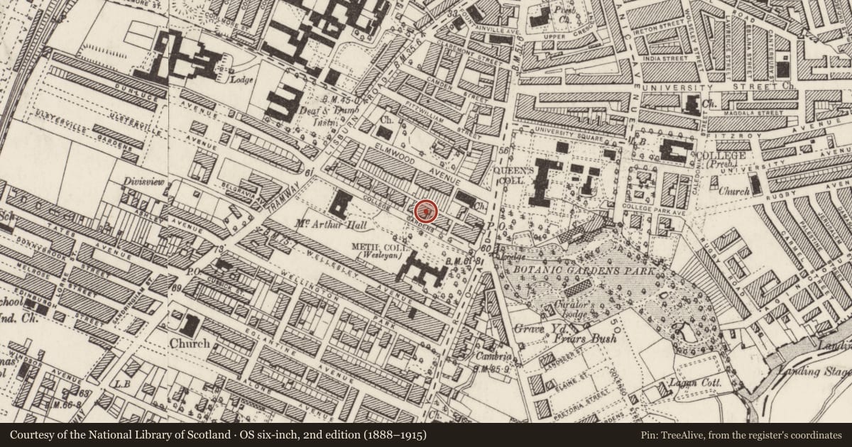 Ordnance Survey six-inch map, 2nd edition (1888–1915) covering the location of 11 College Gardens, Malone Lower, Belfast, with a pin at the register's coordinates