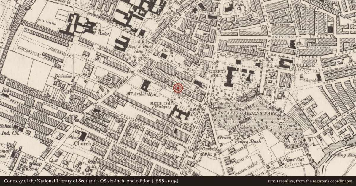 Ordnance Survey six-inch map, 2nd edition (1888–1915) covering the location of 13 College Gardens, Belfast, with a pin at the register's coordinates