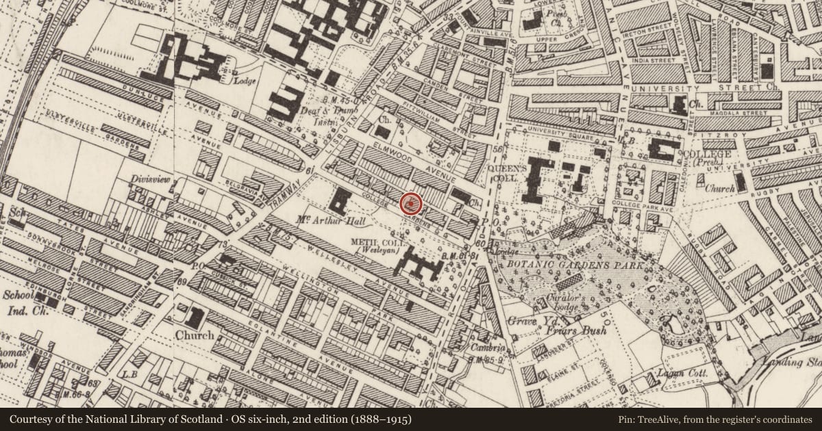 Ordnance Survey six-inch map, 2nd edition (1888–1915) covering the location of 14 College Gardens, Belfast, with a pin at the register's coordinates