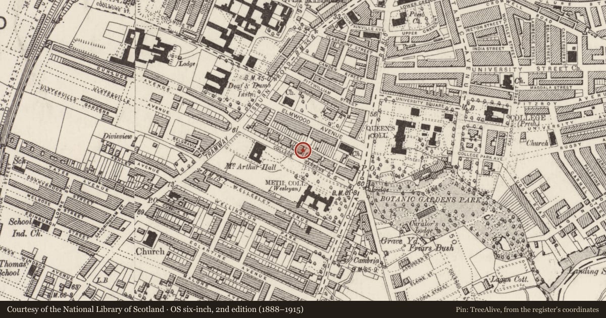 Ordnance Survey six-inch map, 2nd edition (1888–1915) covering the location of 15 College Gardens, Belfast, with a pin at the register's coordinates