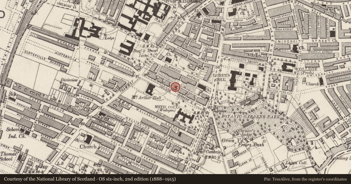 Ordnance Survey six-inch map, 2nd edition (1888–1915) covering the location of 16 College Gardens, Belfast, with a pin at the register's coordinates