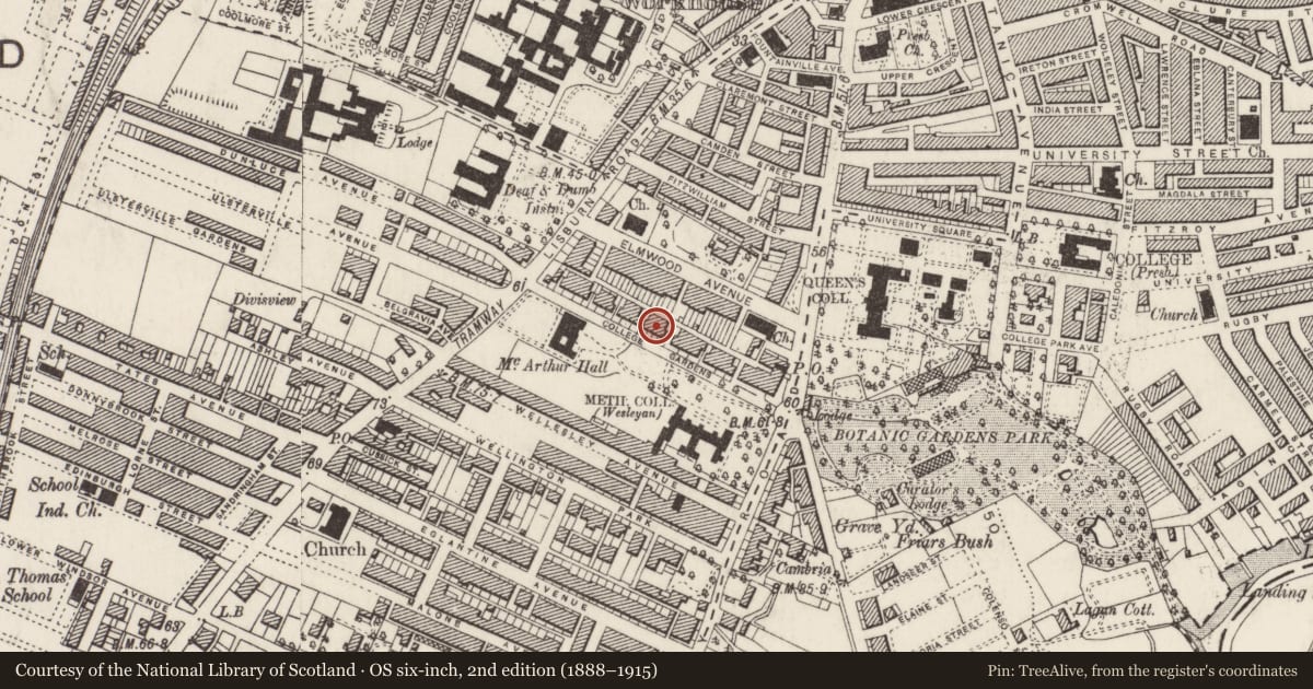 Ordnance Survey six-inch map, 2nd edition (1888–1915) covering the location of 17 College Gardens, Belfast, with a pin at the register's coordinates
