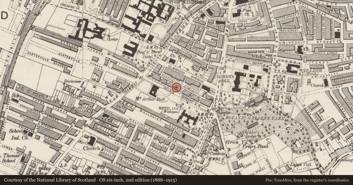 Ordnance Survey six-inch map, 2nd edition (1888–1915) covering the location of 18 College Gardens, Belfast, with a pin at the register's coordinates