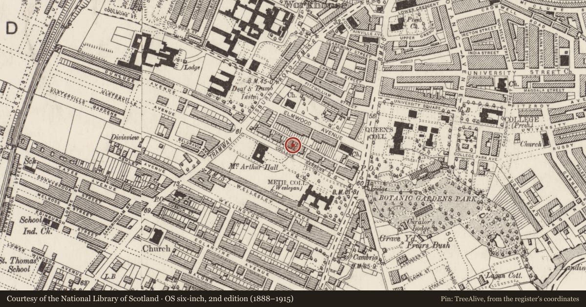 Ordnance Survey six-inch map, 2nd edition (1888–1915) covering the location of 19 College Gardens, Belfast, with a pin at the register's coordinates
