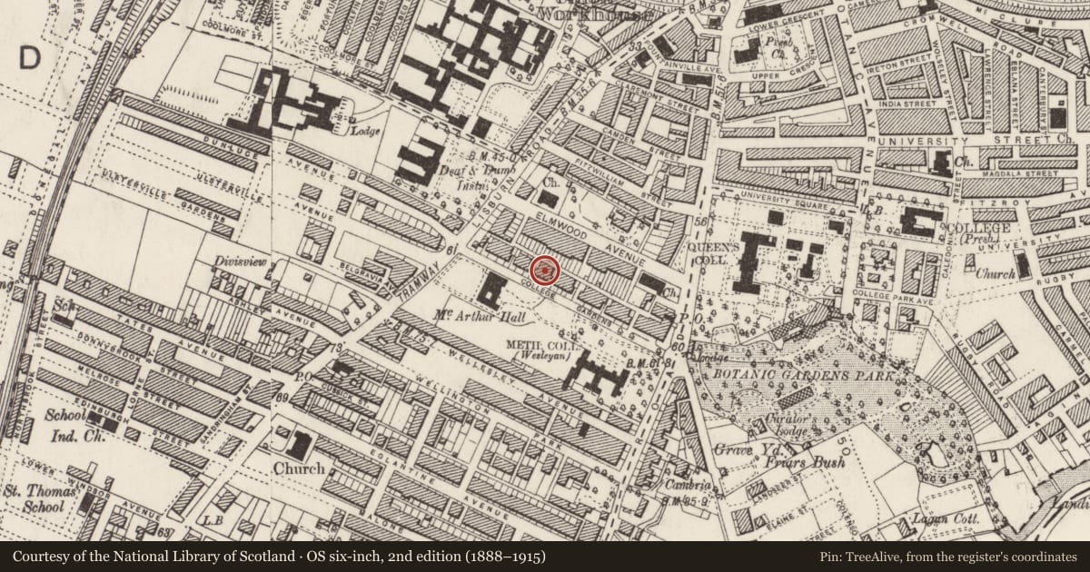 Ordnance Survey six-inch map, 2nd edition (1888–1915) covering the location of 21 College Gardens, Belfast, with a pin at the register's coordinates