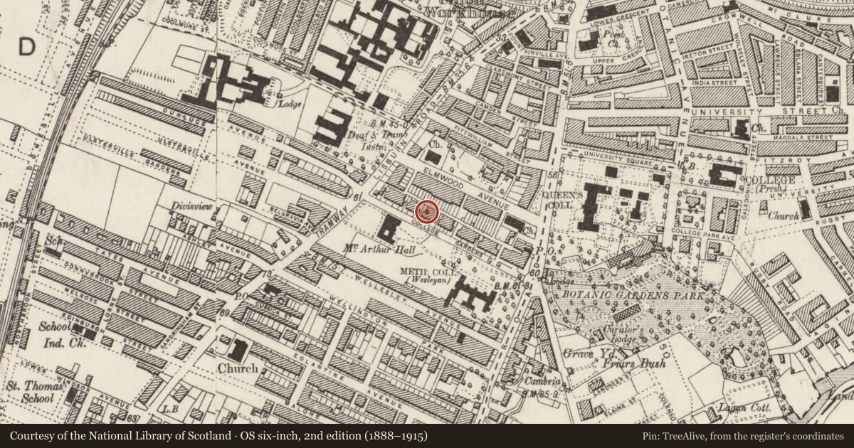 Ordnance Survey six-inch map, 2nd edition (1888–1915) covering the location of 22 College Gardens, Belfast, with a pin at the register's coordinates