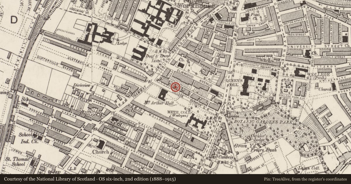 Ordnance Survey six-inch map, 2nd edition (1888–1915) covering the location of 23 College Gardens, Malone Lower, Belfast, with a pin at the register's coordinates