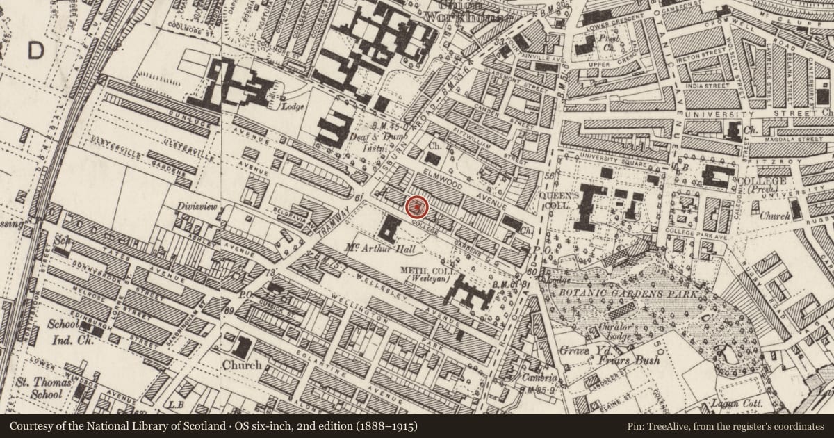 Ordnance Survey six-inch map, 2nd edition (1888–1915) covering the location of 24 College Gardens, Malone Lower, Belfast, with a pin at the register's coordinates