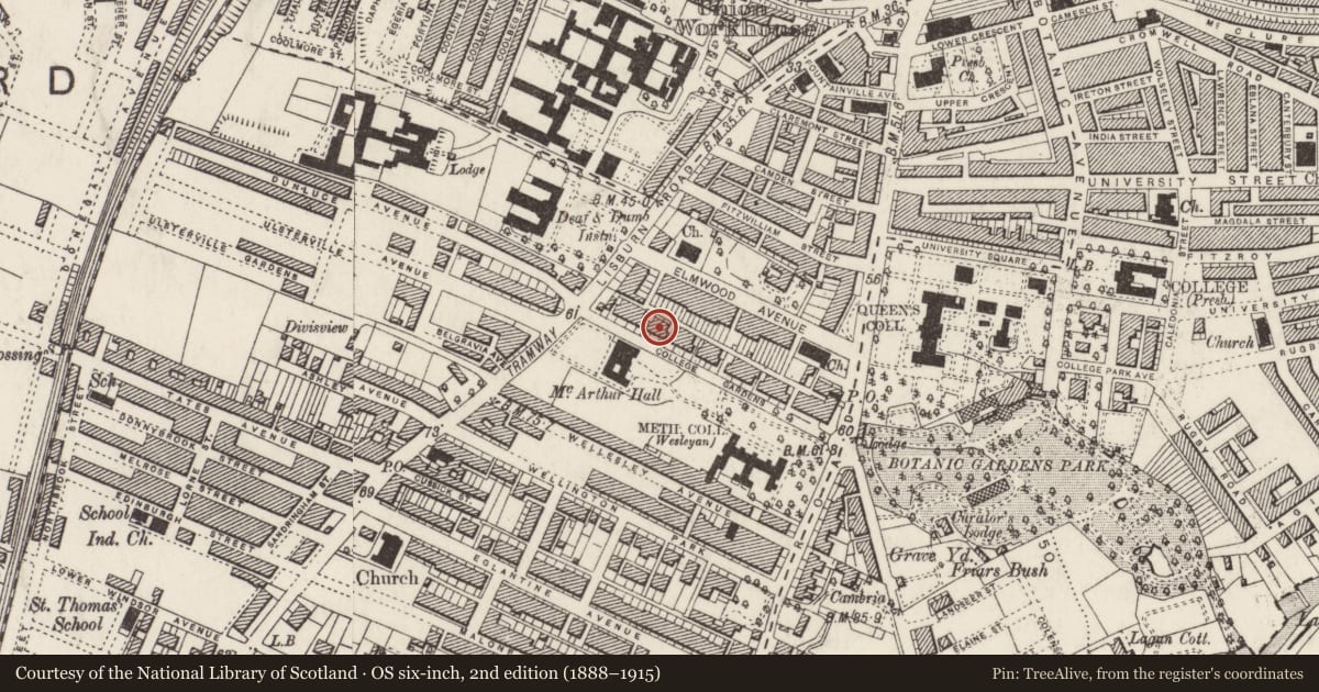 Ordnance Survey six-inch map, 2nd edition (1888–1915) covering the location of 25 College Gardens, Malone Lower, Belfast, with a pin at the register's coordinates
