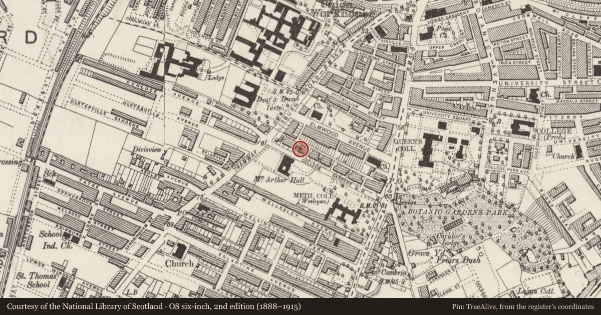 Ordnance Survey six-inch map, 2nd edition (1888–1915) covering the location of 26 College Gardens, Malone Lower, Belfast, with a pin at the register's coordinates