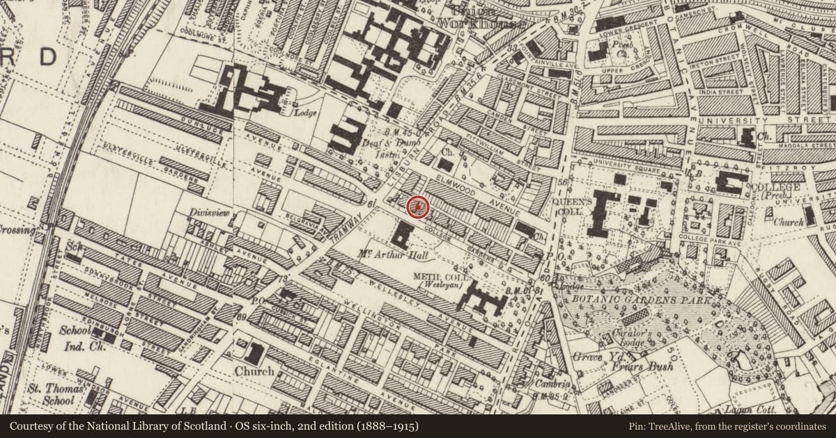 Ordnance Survey six-inch map, 2nd edition (1888–1915) covering the location of 27 College Gardens, Belfast, with a pin at the register's coordinates