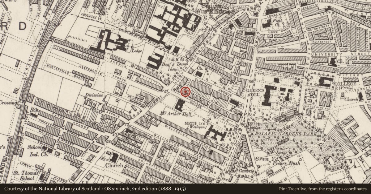 Ordnance Survey six-inch map, 2nd edition (1888–1915) covering the location of 28 College Gardens, Belfast, with a pin at the register's coordinates