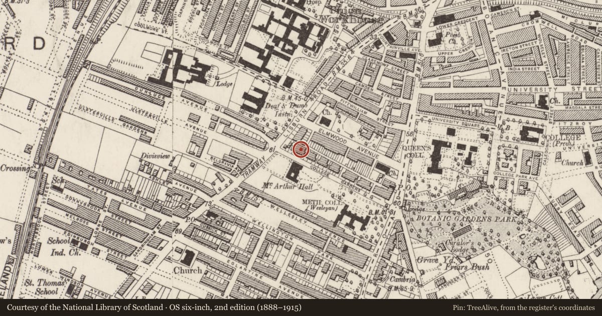 Ordnance Survey six-inch map, 2nd edition (1888–1915) covering the location of 29 College Gardens, Belfast, with a pin at the register's coordinates
