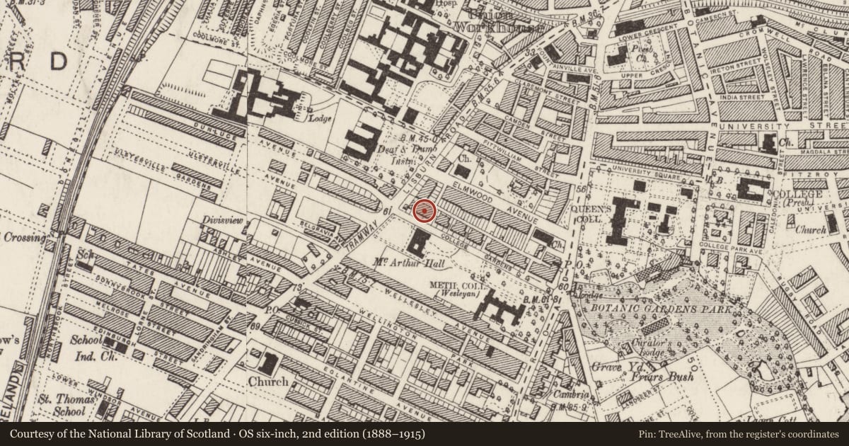 Ordnance Survey six-inch map, 2nd edition (1888–1915) covering the location of 30 College Gardens, Belfast, with a pin at the register's coordinates