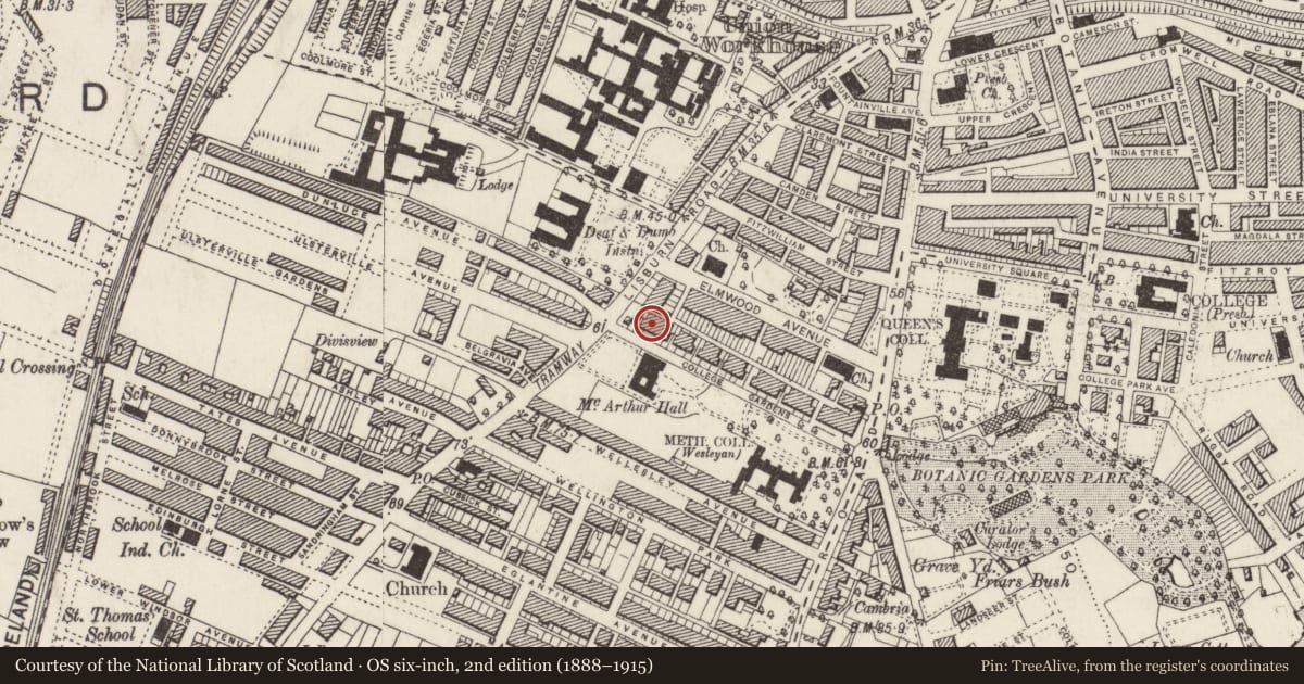 Ordnance Survey six-inch map, 2nd edition (1888–1915) covering the location of 31 College Gardens, Belfast, with a pin at the register's coordinates
