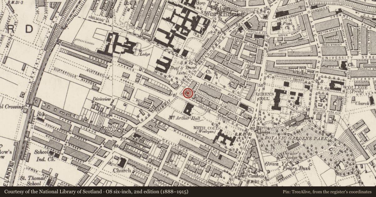 Ordnance Survey six-inch map, 2nd edition (1888–1915) covering the location of 32 College Gardens, Belfast, with a pin at the register's coordinates