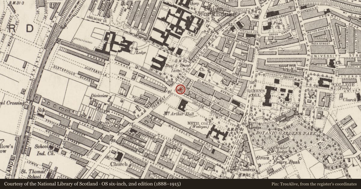 Ordnance Survey six-inch map, 2nd edition (1888–1915) covering the location of 33 College Gardens, Belfast, with a pin at the register's coordinates