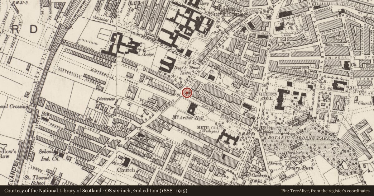 Ordnance Survey six-inch map, 2nd edition (1888–1915) covering the location of 34 College Gardens, Belfast, with a pin at the register's coordinates