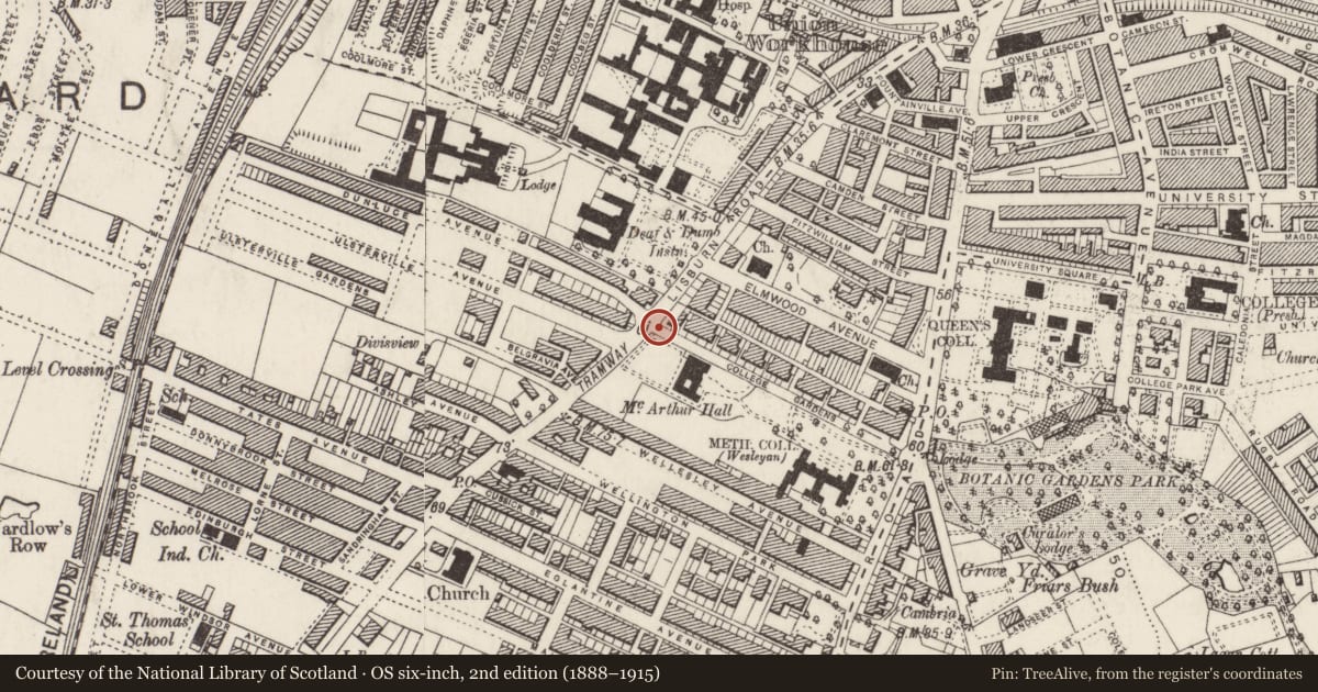 Ordnance Survey six-inch map, 2nd edition (1888–1915) covering the location of College Gardens Gate Piers, Belfast, with a pin at the register's coordinates