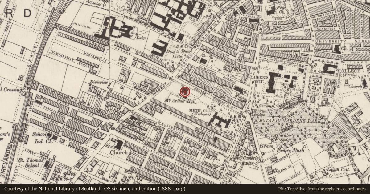 Ordnance Survey six-inch map, 2nd edition (1888–1915) covering the location of Mc Arthur Hall, Belfast, with a pin at the register's coordinates