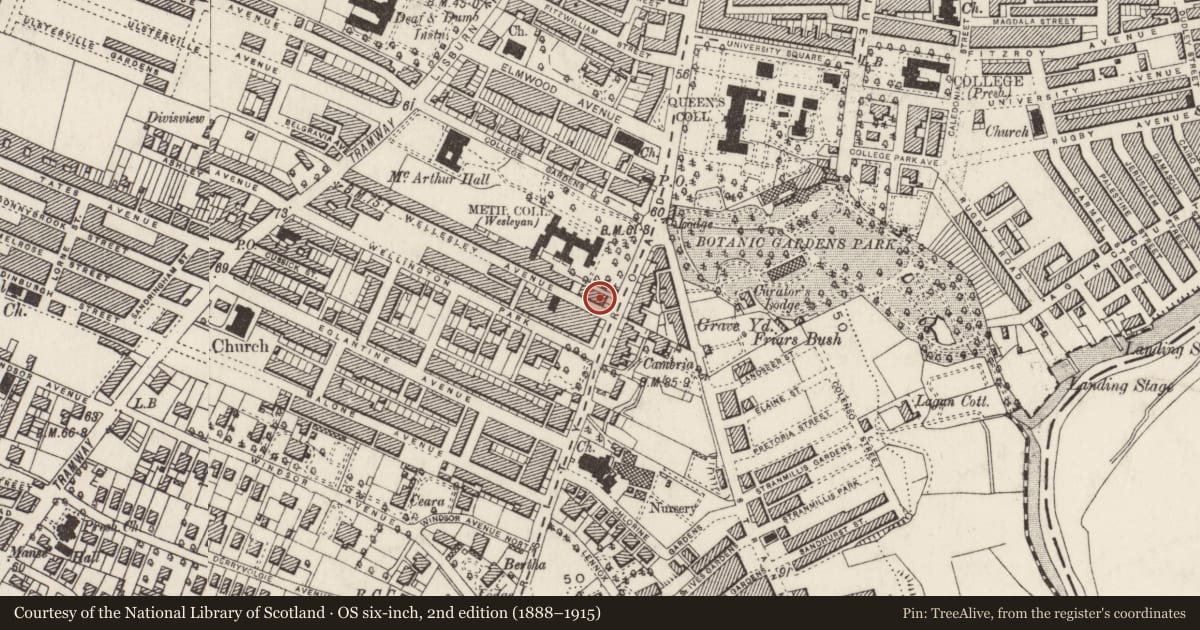 Ordnance Survey six-inch map, 2nd edition (1888–1915) covering the location of 3-5 Malone Road, Belfast, with a pin at the register's coordinates