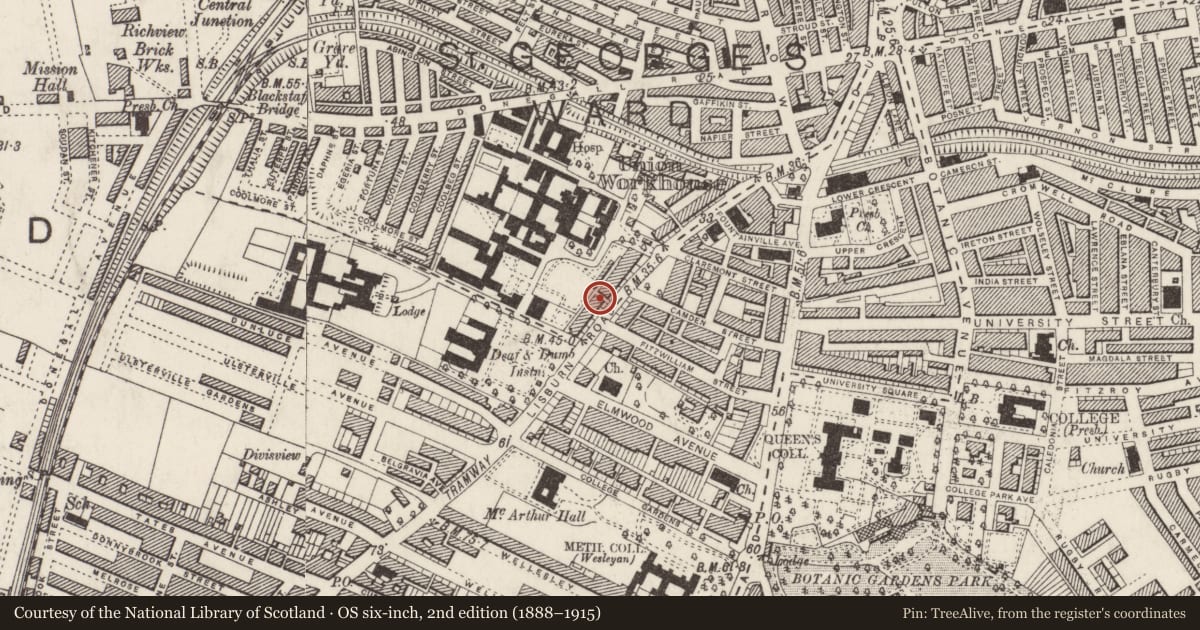 Ordnance Survey six-inch map, 2nd edition (1888–1915) covering the location of 77 Lisburn Road, Belfast, with a pin at the register's coordinates