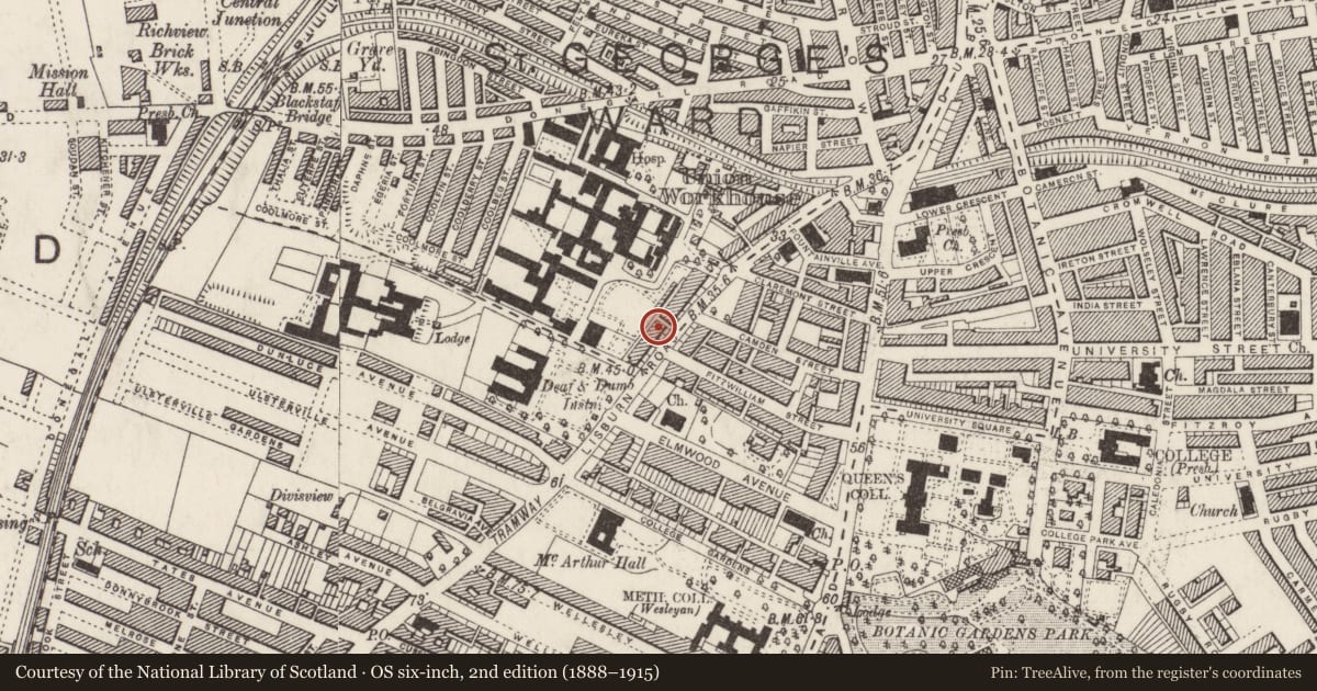 Ordnance Survey six-inch map, 2nd edition (1888–1915) covering the location of 79 Lisburn Road, Belfast, with a pin at the register's coordinates