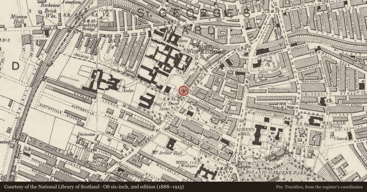 Ordnance Survey six-inch map, 2nd edition (1888–1915) covering the location of 85 Lisburn Road, Belfast, with a pin at the register's coordinates