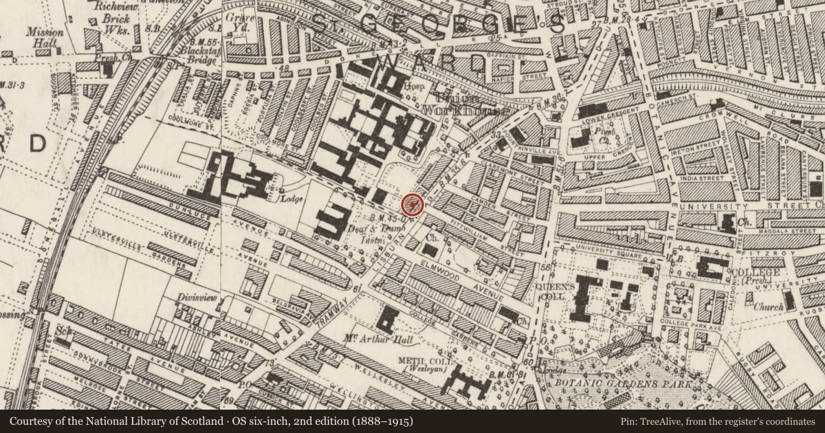 Ordnance Survey six-inch map, 2nd edition (1888–1915) covering the location of 89 Lisburn Road, Belfast, with a pin at the register's coordinates