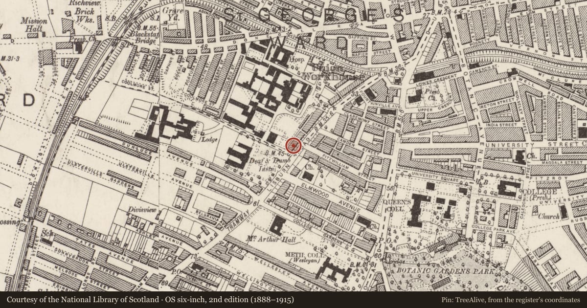Ordnance Survey six-inch map, 2nd edition (1888–1915) covering the location of 91 Lisburn Road, Belfast, with a pin at the register's coordinates