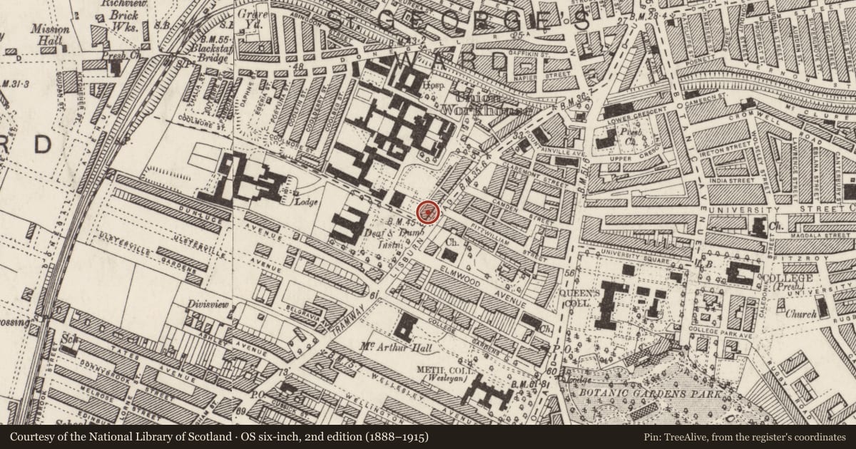 Ordnance Survey six-inch map, 2nd edition (1888–1915) covering the location of 93 Lisburn Road, Belfast, with a pin at the register's coordinates