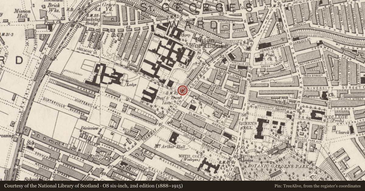 Ordnance Survey six-inch map, 2nd edition (1888–1915) covering the location of 95 Lisburn Road, Belfast, with a pin at the register's coordinates