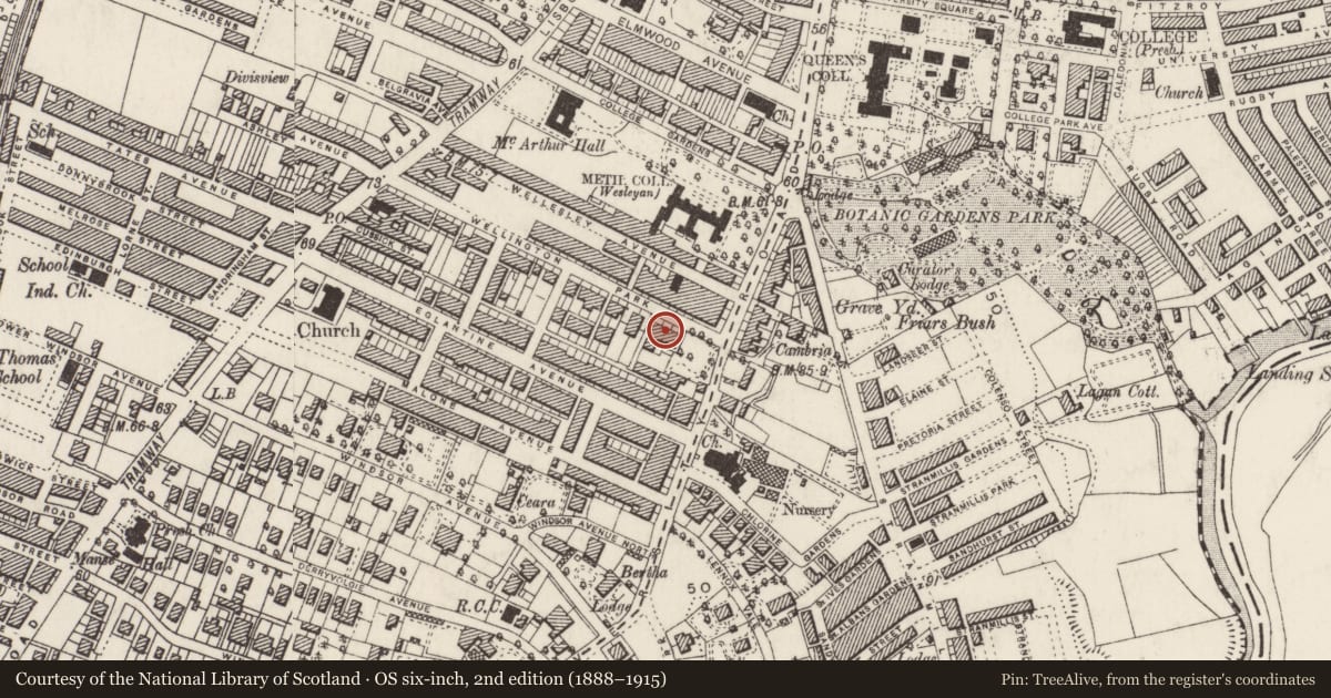 Ordnance Survey six-inch map, 2nd edition (1888–1915) covering the location of 8 Wellington Park, Belfast, with a pin at the register's coordinates