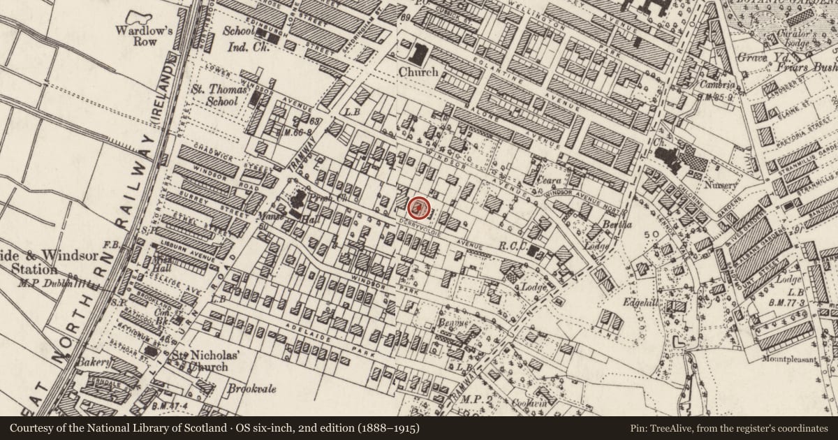 Ordnance Survey six-inch map, 2nd edition (1888–1915) covering the location of 20 Derryvolgie Avenue, Belfast, with a pin at the register's coordinates