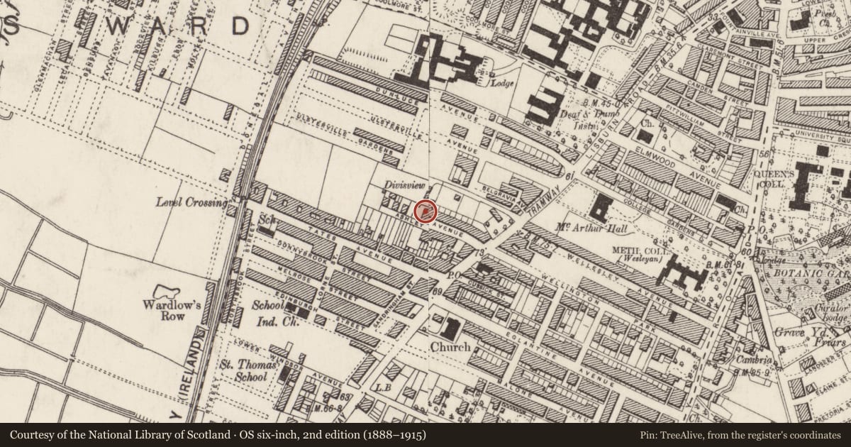 Ordnance Survey six-inch map, 2nd edition (1888–1915) covering the location of 43 Ashley Avenue, Belfast, with a pin at the register's coordinates