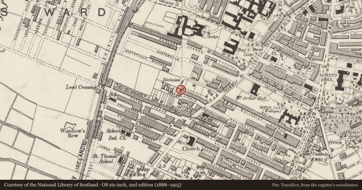 Ordnance Survey six-inch map, 2nd edition (1888–1915) covering the location of 45 Ashley Avenue, Belfast, with a pin at the register's coordinates