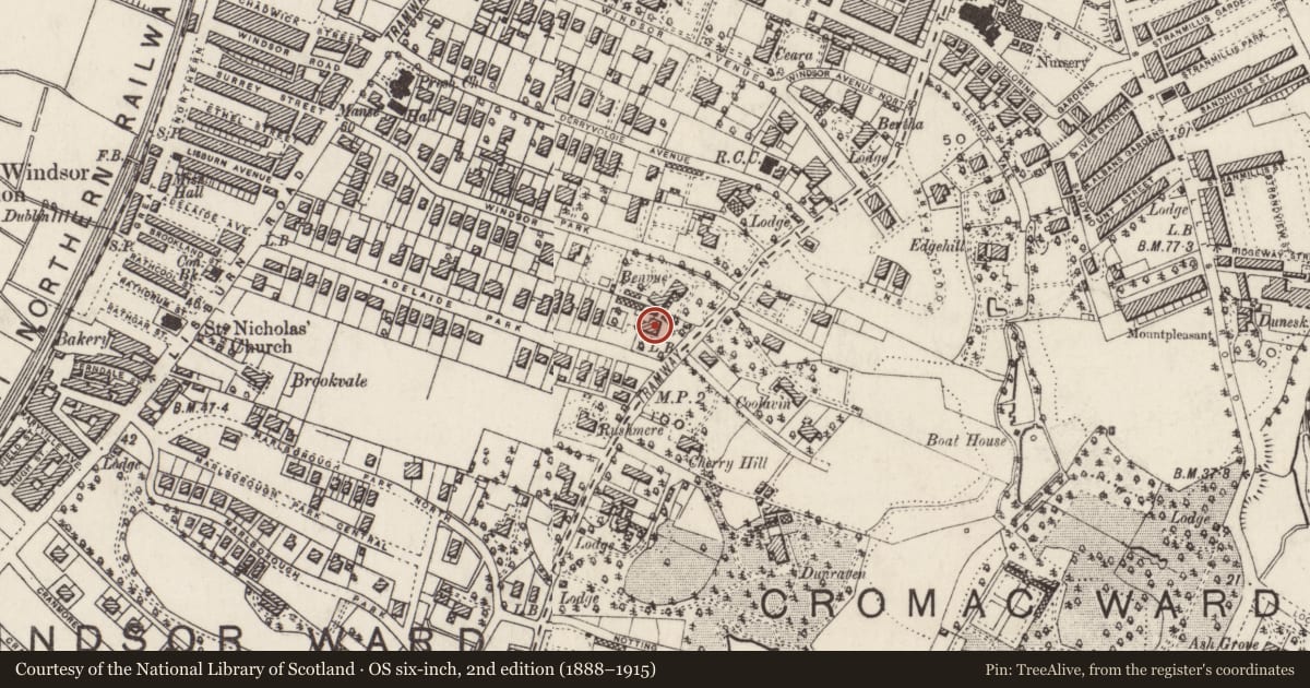 Ordnance Survey six-inch map, 2nd edition (1888–1915) covering the location of MacNEICE House aka Aquinas Hall, Belfast, with a pin at the register's coordinates