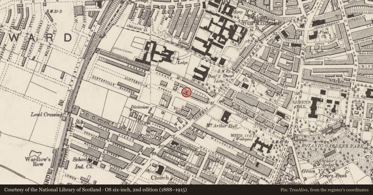 Ordnance Survey six-inch map, 2nd edition (1888–1915) covering the location of 31 Ulsterville Avenue, Belfast, with a pin at the register's coordinates