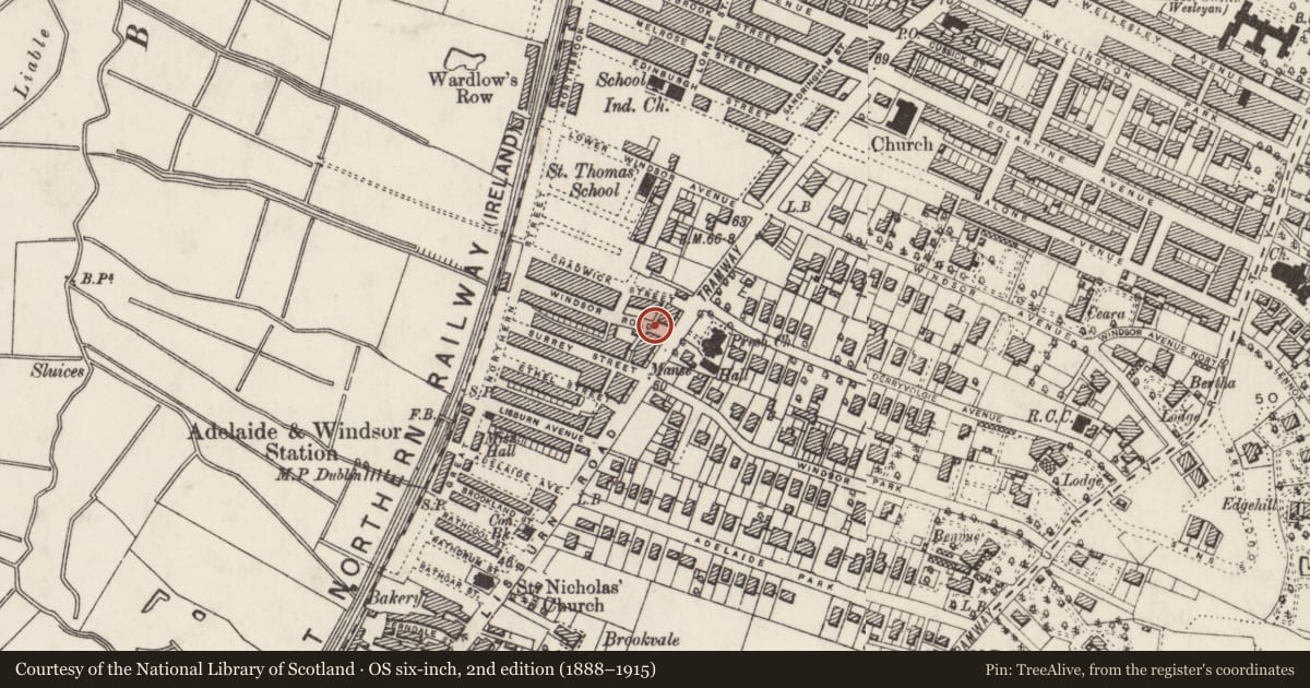 Ordnance Survey six-inch map, 2nd edition (1888–1915) covering the location of 397 Lisburn Road, Belfast, with a pin at the register's coordinates