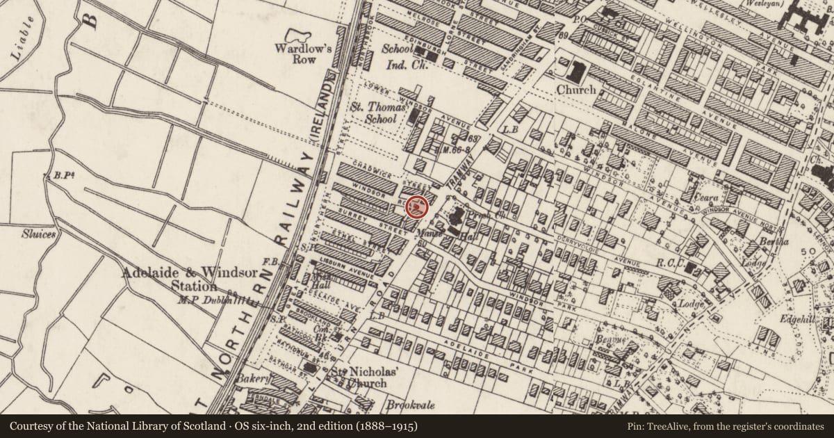 Ordnance Survey six-inch map, 2nd edition (1888–1915) covering the location of 399 Lisburn Road, Belfast, with a pin at the register's coordinates