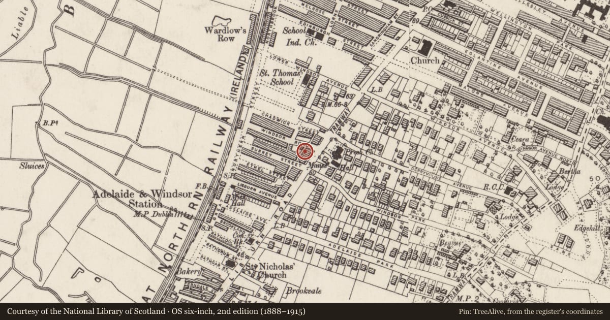 Ordnance Survey six-inch map, 2nd edition (1888–1915) covering the location of 405 Lisburn Road, Belfast, with a pin at the register's coordinates