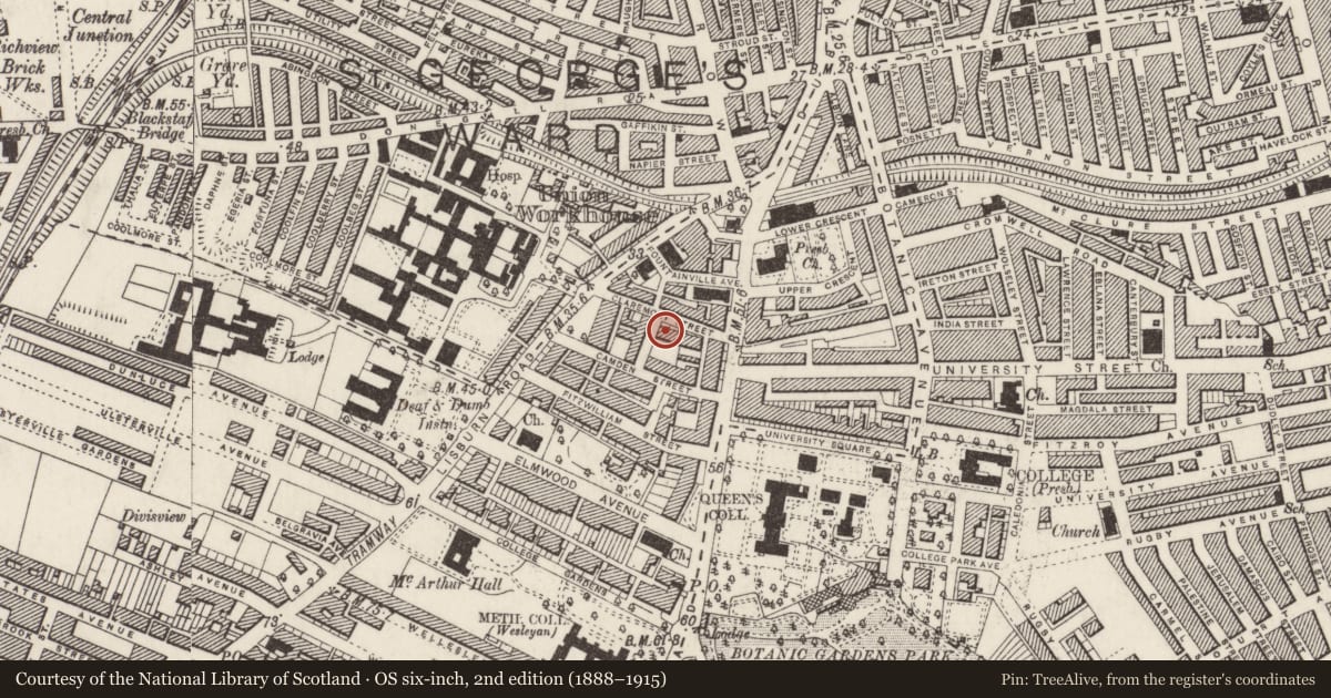 Ordnance Survey six-inch map, 2nd edition (1888–1915) covering the location of 18 Claremont St., Belfast, with a pin at the register's coordinates