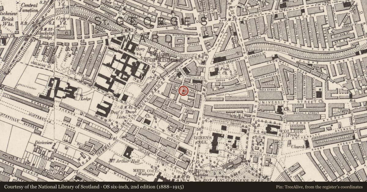 Ordnance Survey six-inch map, 2nd edition (1888–1915) covering the location of 20 Claremont St., Belfast, with a pin at the register's coordinates