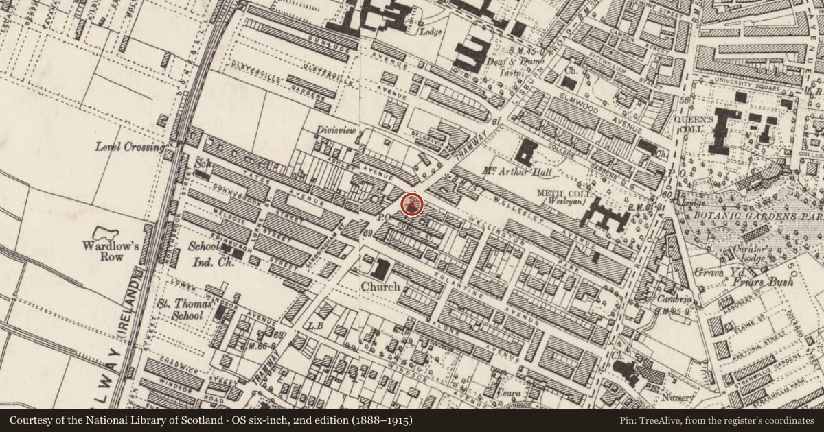 Ordnance Survey six-inch map, 2nd edition (1888–1915) covering the location of 138 Lisburn Road, Belfast, with a pin at the register's coordinates