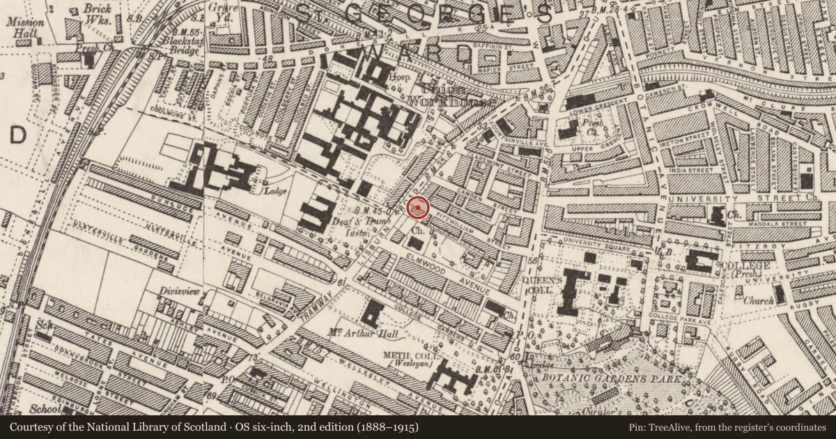 Ordnance Survey six-inch map, 2nd edition (1888–1915) covering the location of 68 Lisburn Road Including 70 Fitzwilliam Street, Belfast, with a pin at the register's coordinates