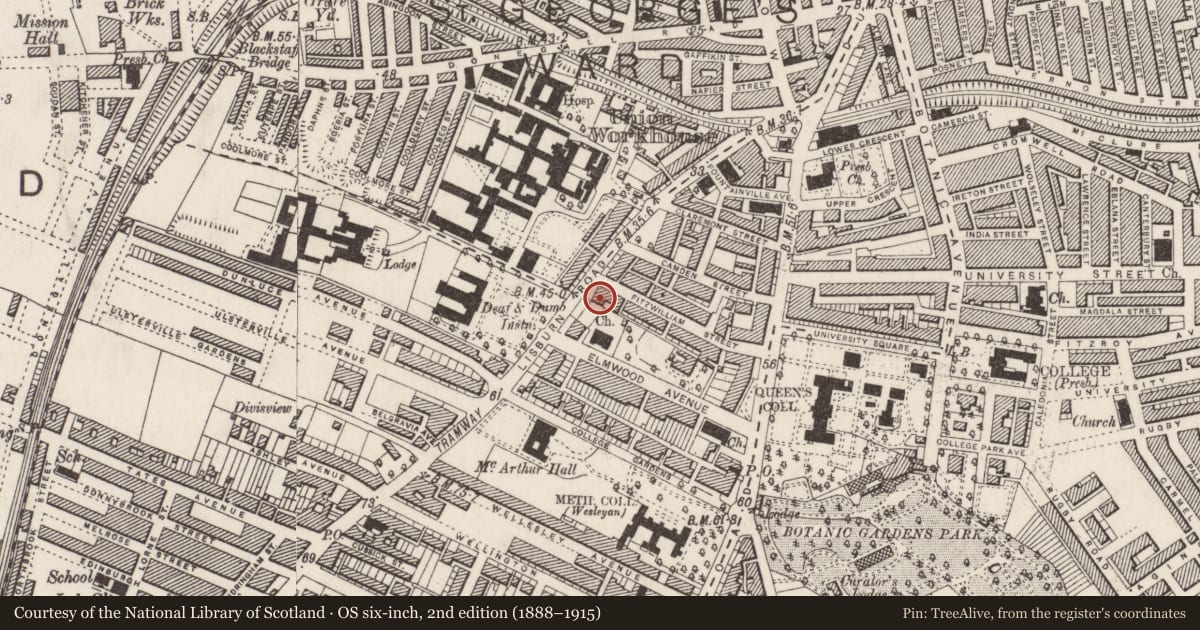 Ordnance Survey six-inch map, 2nd edition (1888–1915) covering the location of 72 Lisburn Road, Belfast, with a pin at the register's coordinates