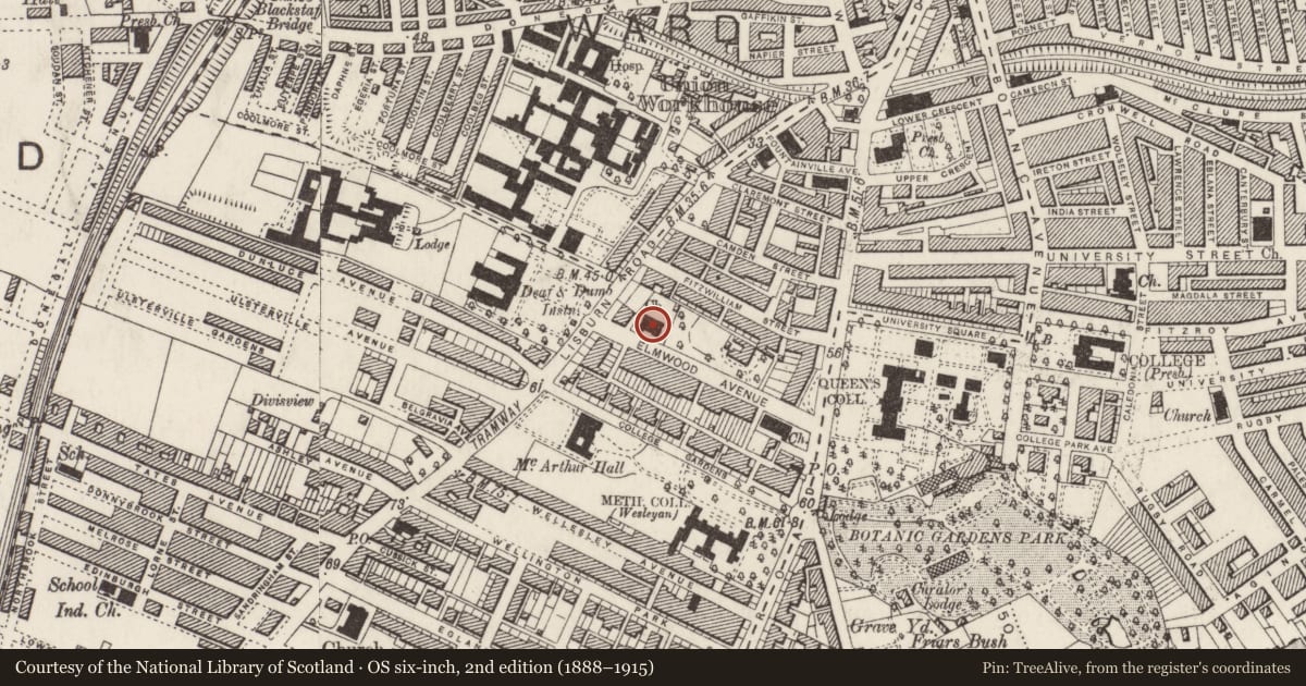 Ordnance Survey six-inch map, 2nd edition (1888–1915) covering the location of All Souls Non-Subscribing Presbyterian Church, Belfast, with a pin at the register's coordinates