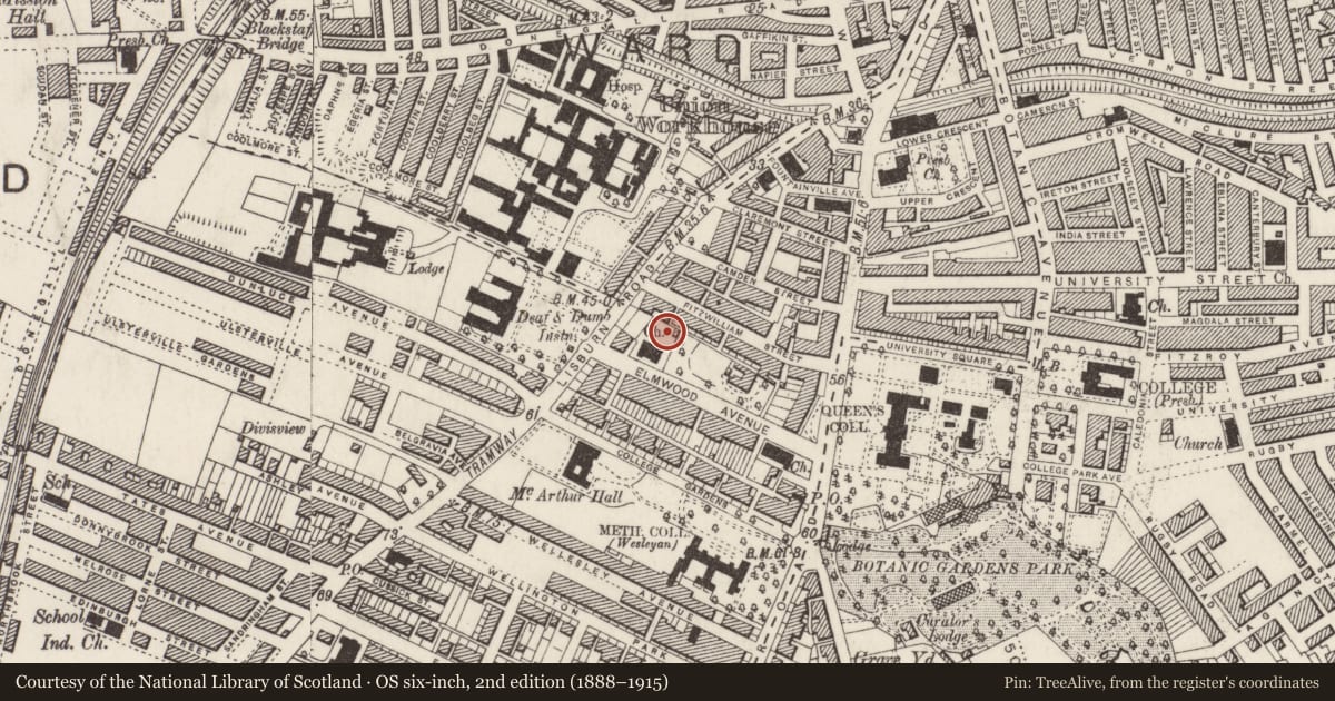 Ordnance Survey six-inch map, 2nd edition (1888–1915) covering the location of All Souls Church Hall (aka Rosemary Hall), Malone Lower, Belfast, with a pin at the register's coordinates